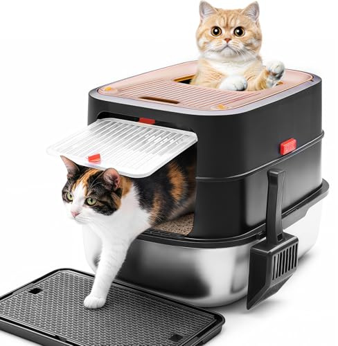 PcnEoor Enclosed Stainless Steel Cat Litter Box with Lid & High Sides – Odour-Proof, Leak-Proof Tray with Removable Scoop(60L x 40W x 39H) – Durable Metal Design for Large Cats​ (Black)