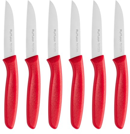 Ruffulon Küchenmesser,Edelstahl Gerade Klinge 3'',für Obst und Gemüse,Rot | Schälmesser,Obstmesser,Gemüsemesser,6 stück,Ultra Scharfer und Präziser Spezialklingenstahl,Kunststoffgriff,spülmaschinenfest