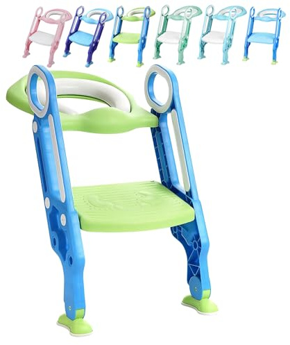 XUANYU Faltbarer WC-Sitzverkleinerer für Babys von 2 bis 7 Jahren, Toilettensitzerhöhung für Kinder, mit verstellbarer Treppe auf 2 Etagen, Toilettensitz mit Kissen und Griff (blau und grün)