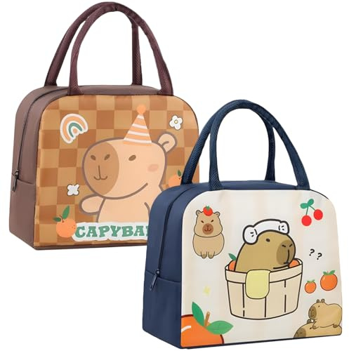 SORAYUXI 2 Stück Capybara Lnsulated Lunchtasche, Reusable Thermal Lunch Tote, Waterproof Insulated Capybara lunch bag, Niedlich Mini Kühltasche Kinder für Die Schule Arbeit Kindergarten Picknick