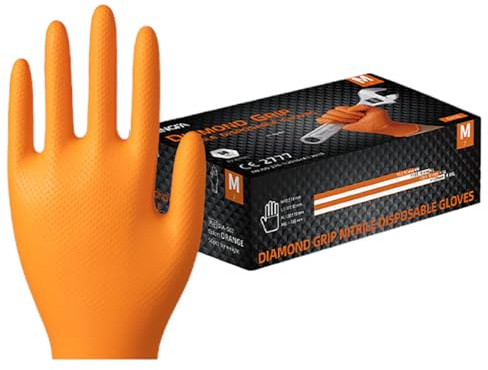 KINGFA DIAMOND GRIP Extra Stark Nitrilhandschuhe | Hochfeste, texturierte Einweghandschuhe für Kfz, Industrie & Labor | Arbeitshandschuhe Öl- und Chemikalienbeständig | 50 Stk/Box (50, Orange, M)
