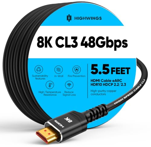 Highwings 10K 8K HDMI Cable 1.5M/5.5FT,CL3 Rated, Ultra High Speed | In-Wall CL3 Rated, 8K@60Hz 4K@120Hz Video, 48Gbps, HDMI Lead eARC HDR10 HDCP 2.2/2.3, Compatible Laptop/PC/HDTV/Projectors