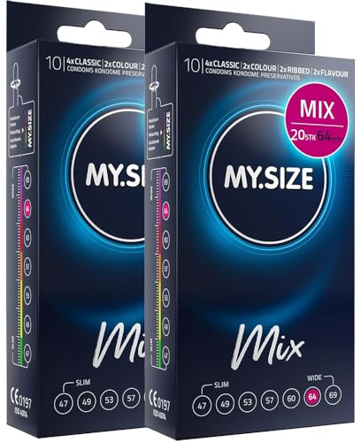MY.SIZE Mix Kondome 64mm 20 Stück – XXXL Passform | Sorten: Blau, Rot mit Erdbeeraroma, Gerippt, Natur | Premium Qualitätskondome | Deutsche Marke | 0,07mm Wanddicke | aus Naturkautschuklatex