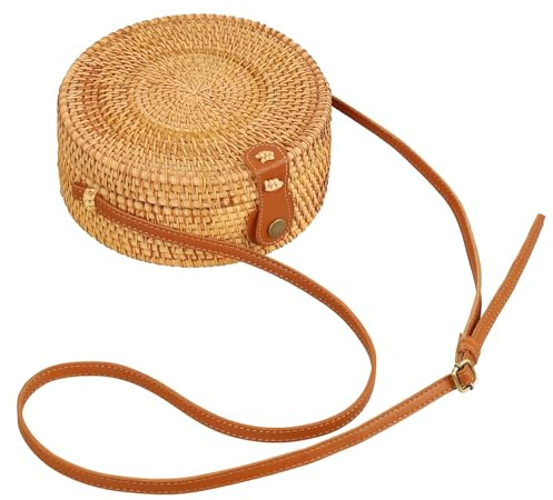 Sac de paille rond tissé à la main en rotin pour femme, sac à main bohème tissé avec bandoulière réglable en cuir, sac de plage léger pour les vacances, les voyages, les mariages et une utilisation