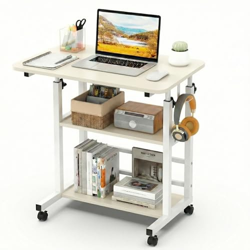 Huracan Höhenverstellbarer Betttisch mit Rollen 60×40×63-90 cm, 3 Ebenen, Stabiler H-Stahlrahmen, Mobiler Laptop- & Pflegetisch mit Feststellbaren Rädern, Weiß