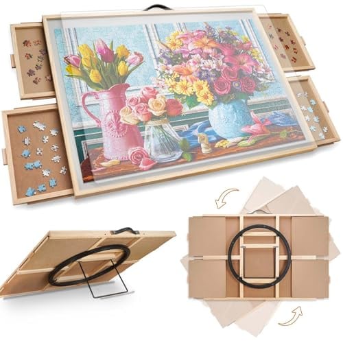 1000 Teile 2-in-1 Puzzlebrett mit Neigungs- & Drehfunktion, ca. 76,6 x 57 cm, Verstellbarer Puzzletisch mit 4 Schubladen & transparenter Abdeckung, Geschenk für Mama