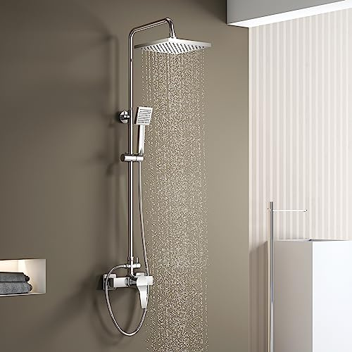 KOMIRO Colonne de Douche avec Mitigeur Monocommande, Colonne de Douche Réglable en Hauteur, Douchette et Pommeau de Douche Ensemble de Douche pour Salle de Bain, Argent (Argent1)
