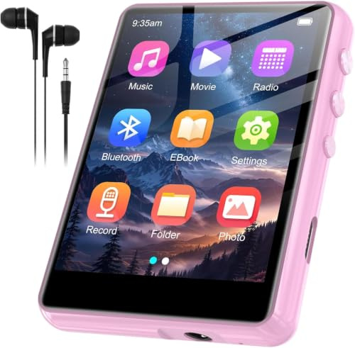 SWOFY Reproductor MP3 de 128GB con Bluetooth 5.3, Pantalla táctil de 2,4 Pulgadas, HiFi, Altavoz Integrado, función de grabación, Radio FM, Ampliable hasta 512GB (Rosa)