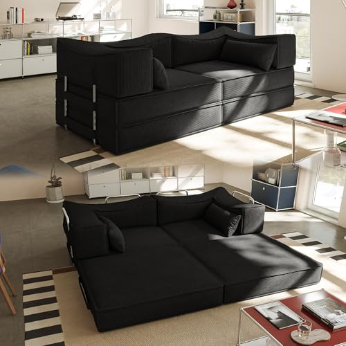 Wumagin Schlafsofa 160 cm Breit, Bodensofa Bed mit Pillow Back Support Armrest, Bequemer ausklappbarer Futon, Modularer Loveseat ohne Federkern für Wohnzimmer, rutschfest (Schwarz)