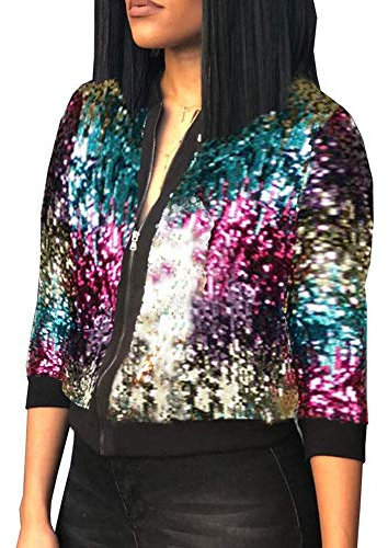 GirlzWalk ® Women Ladies Multicolor Sequin Glitter Bomber Club Dance Party Festival Costume Biker Jacket (Multicolor, XL/UK 16-18)