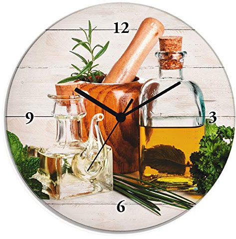 ARTLAND Wanddeko Wanduhr ohne Tickgeräusche Glas Funkuhr Ø 30 cm Rund Lautlos Kräuter Gewürze Olivenöl Holzoptik Shabby Chic T5MO
