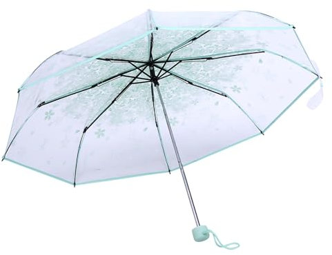 MAGT Faltschirm, Regenschirm Transparent Kirschblüte Taschenschirm 4 Farben Transparent Modisch Schön Regen Regenschirm(Grün)