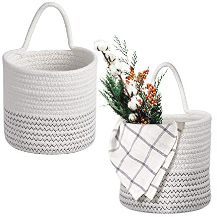 Hivexagon Paquet de 2 paniers de rangement suspendus en corde tissée avec poignée - Paniers muraux Conteneurs ronds de 6 x 5,5 pouces pour la maison, les jouets pour plantes HG579