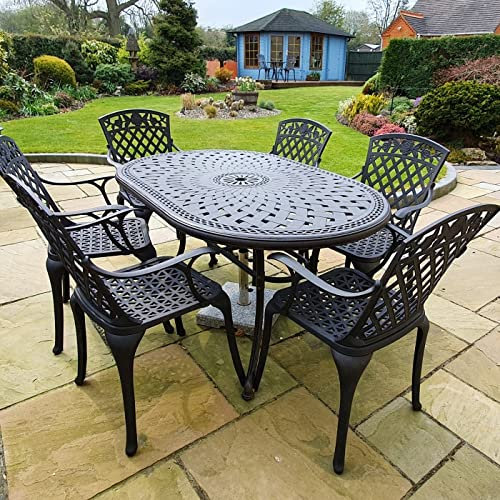 Lazy Susan Ovaler June Gartentisch in Antik Bronze mit 6 Rose Stühlen mit beigen Sitzkissen | Sandguss-Aluminium | Wetterfest | Rostfrei | Wartungsarm | 3 Jahre Garantie