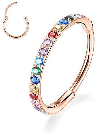 hengkaixuan 16G Nase Hoop Ring Creolen Rose Gold Conch Piercing Schmuck Knorpelohrringe Septum Clicker Ring Daith Ohrringe Chirurgenstahl Rook Tragus Helix Kleine Creolen 6mm Regenbogen CZ