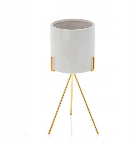 HowHomely Blumenständer Metall 28 cm Hoch mit Keramik-Blumentopf 11 cm Ø auf robustem Ständer - Pflanzenständer in Weiß für die Innendekoration