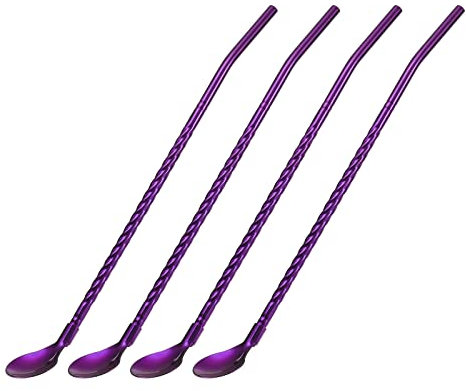 sourcing map Stainless Steel Spoon Straws, 4Pcs 8.6 Reusable Metal Long Handle Drinking Straws Spoon for Milkshake Drinks Cocktail, Purple