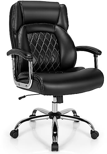 COSTWAY 300/330/400/500LBS Big & Tall Executive Office Chair, Height Adjustable Leather Computer Desk Chair with Rocking Backrest & Arms, Home Office Ergonomic Swivel Task Chair(500LBS, Black+Silver)