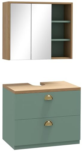 kleankin Ensemble de Meubles de Salle de Bain Armoire Miroir Salle de Bain + Meuble sous lavabo Suspendu avec étagères réglables 2 tiroirs Design scandinave Vert