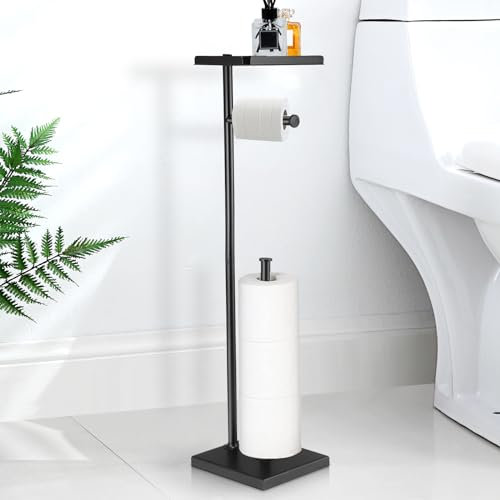 Domisyee Porte-Rouleau Papier Toilette sur Pied avec Étagère de Rangement, Support Papier Toilette en Acier Inoxydable Noir, Dérouleur Papier WC au Sol pour 4 Rouleaux - 17x15x73 CM