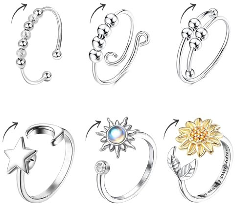 Anti-Stress Ring Silber - 6 Stück Verstellbare Frauen Ringe Mit Beweglichen Perlen, Anxiety Fidget Spinning Schmuck Geschenke für Herren und Damen
