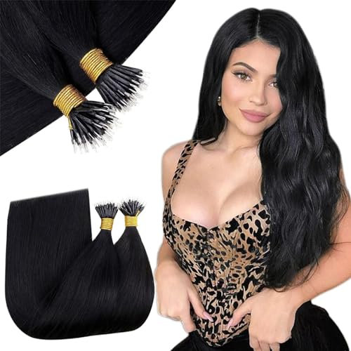 RUNATURE Extensions Echthaar Nanoring 55cm Schwarz Natürliche Lange NanoRing Perlen Extensions Echthaar Cold Fusion Schwarz Nano Loop Extensions Echthaar Farbe #1 Plain Schwarz