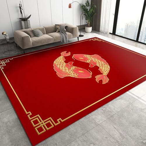 Sxakswol Teppich Wohnzimmer 120x170 cm Chinesisches Rot 3D Teppich Karpfen Küche Esszimmer Schlafzimmer Teppich Kurzflor rutschfest Waschbar Teppiche Weich Pflegeleicht a102