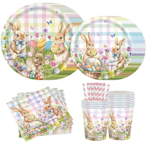 Kaseryao Ostergeschirr, Osterdeko Tisch, Osterhasen Partygeschirr Pappgeschirr Set für 20 Personen, Oster Deko Servietten, Ostern Pappteller, Ostern Tischdekoration