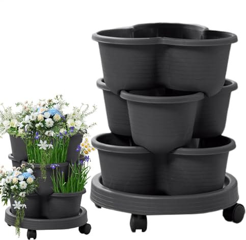 Generisch Stackable Planter, Strawberry Planter, 3 Levels Vertical Stackable Planter with Removable Wheels, Herb Spiral Column Pot Set, Herb Garden Roller Flower Pot Stackable