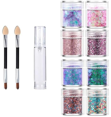 Anseom 8 Piezas Purpurina Cara Purpurina para Maquillaje Gel de Brillo Corporal Lentejuelas de Sirena Chunky Glitter Cabello con 10 Pegatinas de Tatuaje para Festival, Pelo, Labios, Uñas