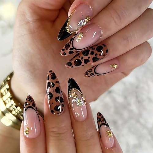 Tastetreasure 24Pcs Leopard Print Press on Nails, 3D Luxury Stiletto False Nails with Gold Chains & Rhinestones, Glossy French Tip Acrylic Nails Kit with Jelly Glue, File & Stick for Women Salon DIY