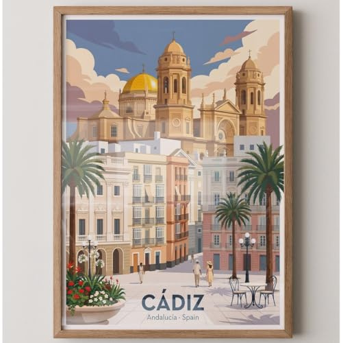 MJ-GRAPHICS® Poster Cádiz Wandbild Architektur Kunstdruck klassisch pastellfarben Deko Wohnzimmer stilvoll Bilder Andalousien Wanddeko mediterran städtisch A4 ohne Rahmen