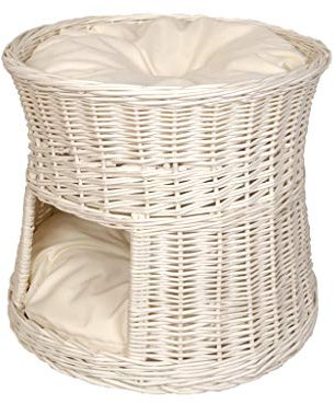 Katzenkorb zum Schlafen – Katzenhütte Indoor – Größe: 50 cm rund – Katzenhöhle aus Weide – Zweistöckiges Katzen oder Hundebett in Weiß – Kissen Ecru