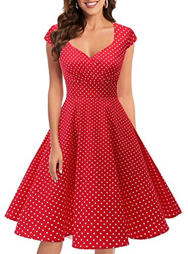Bbonlinedress Robe Femme de Soirée Cocktail Vintage Femme Chic Courte pour Mariage Invité Gala Fête Témoin Anniversaire Col Carré Red Small White Dot XL