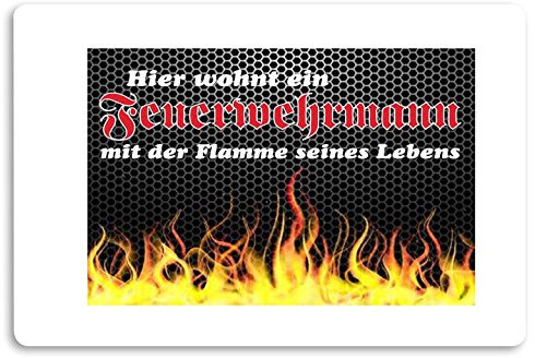 Crealuxe Fussmatte Hier wohnt EIN Feuerwehrmann mit der Flamme seines Lebens (1) - Fussmatte Bedruckt Türmatte Innenmatte Schmutzmatte lustige Motivfussmatte