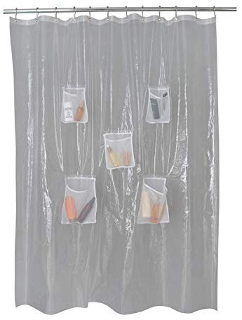 Bath Bliss 178 x 182,9 cm schwere PEVA-Duscheinlage mit 5 Netztaschen, für Aufbewahrung, Tech, Tablets, iPads, platzsparend, transparent