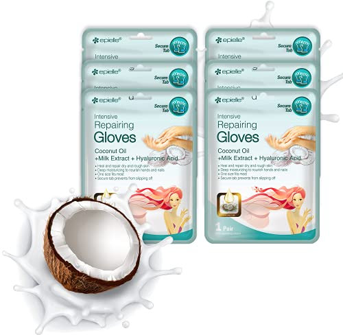 Epielle Intensive Reparatur-Handmasken, 6 Paar, tiefe feuchtigkeitsspendende Handschuhe für trockene, rissige Hände, Reparatur mit Kokosöl und Milchextrakt, koreanische Hautpflege, Spa-Set