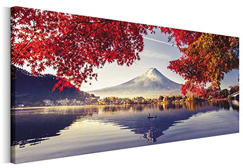 Revolio 100x40 cm Panorama Bilder Leinwandbild Wandbilder Wohnzimmer Modern Kunstdruck Design Wanddekoration Deko Bild auf Leinwand 1 Teilig - Japan Berg Fuji rot Blau