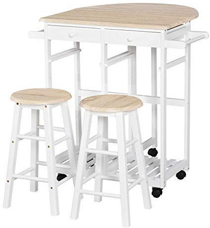 HOMCOM Carrello da Cucina Pieghevole, Mobile da Cucina Salvaspazio con 2 Sgabelli 2 Cassetti 5 Ruote (Rotazione 360°), Legno MDF Bianco