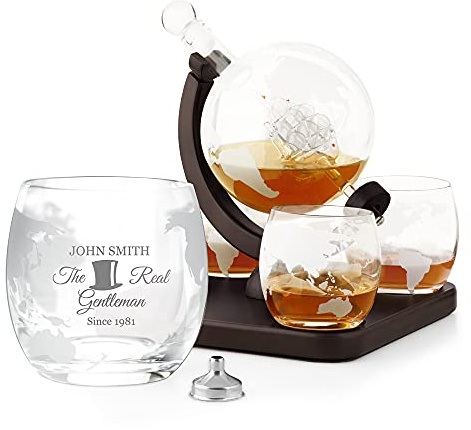 Maverton Globe Whiskey Decanter Set with 4 Glasses, The Real Gentleman