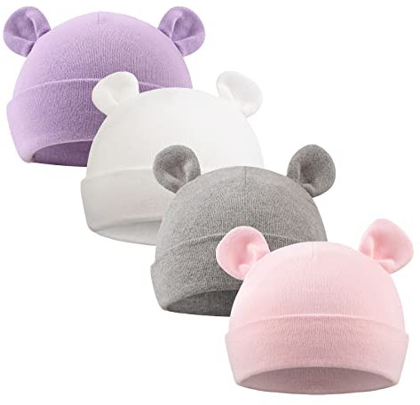 XIAOHAWANG Babymütze Neugeborene Mädchen Jungen Mütze Baby Beanie Baumwolle für 0-12 Monate Babys Unisex Erstlingsmütze (0-6Monate, Lila + Weiß + Rosa + Grau)