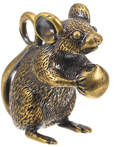 NUOBESTY Brass Mouse Figurine, 0.59x1.18x1.3inch Chinese Feng Shui Mouse for Home Decoration - Mini Lucky Rat Statue for Desk Ornament
