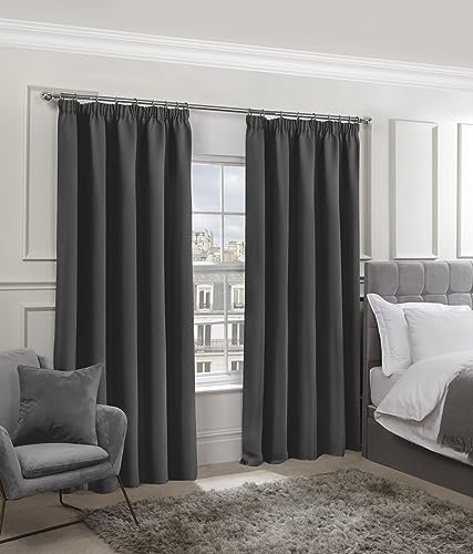 Cali Pencil Pleat - Woven Thermal Blackout Pencil Pleat Curtains in Charcoal - Width 66 x Drop 72 (168 x 183cm)