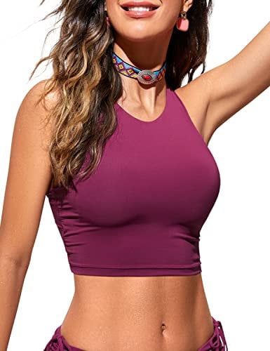 CRZ YOGA Women's Racerback Bikini Tops Quick Dry Modest Swimsuit Top Sports Padded Bathing Suit Fuchsia 10