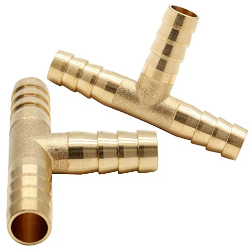 Auvotuis 2Pcs 3/8 Inch Brass Barbed Tee Fittings, 3 Way T Shape Barb Fittings Union Intersection Hose Connector for 10mm ID Fuel, Water, Air Pipe