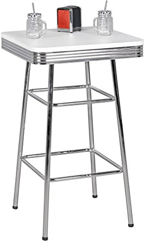 möbelando American Diner Bartisch eckig 60 x 100 x 60 cm aus MDF/Aluminium | Retro Stehtisch USA in Weiß/Silber | Robuster Bistro-Tisch im Stil der 50er Jahre | Partytisch mit Untergestell aus Alu
