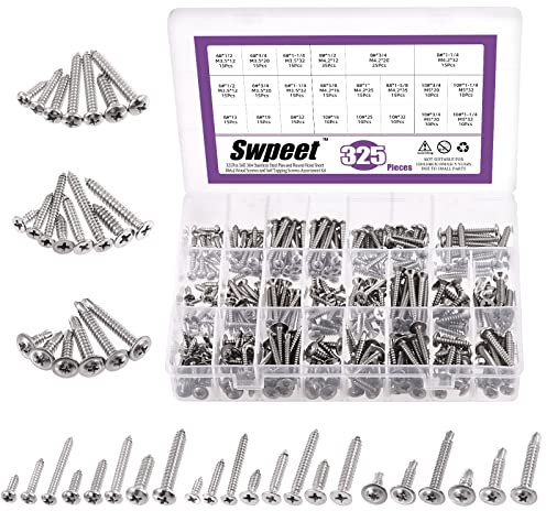 Swpeet 325 Stück 3 Typen #6#8#10 SAE 304 Edelstahl Rundkopf und Kreuzschlitz Flachkopf selbstschneidende Blechschrauben Holzschrauben mit 410 Edelstahl Halsspannkopf,