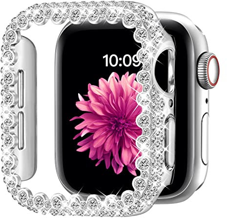 Custodia paraurti con strass compatibile con Apple Watch Serie 3/2/1 38 mm, copertura protettiva per il viso da donna, telaio rigido in PC per iWatch 38 mm, argento
