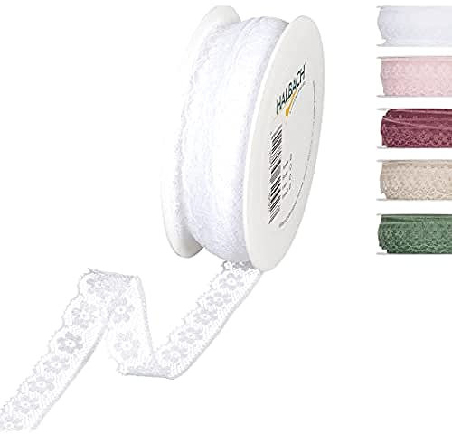 Halbach Seidenbänder Spitzenband Breite: 15 mm. Länge: 18 m, Spitze als Rollenware, Schleifenband für Hochzeiten zum Nähen oder Tischdekoration, Spitzenstoff für DIY Handwerk, Farbe: weiß