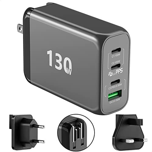 130W USB C Schnell Faltbare Wand Desktop Ladegerät, 100W PD PPS 4 Port GaN II USB C Schnellladestation mit Extent AC Kabel Desktop Reise Netzteil für MacBook, Laptop, iPad, iPhone 15 14 13, Samsung